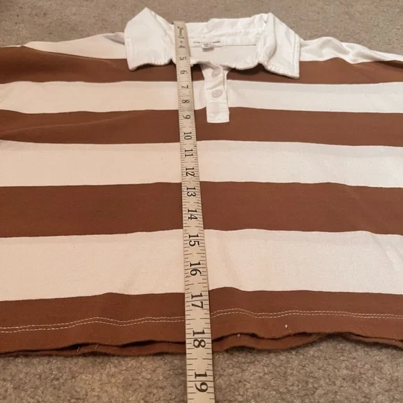 Brown Striped Polo Collar Long Sleeve Cropped Casual Tee - Picture 7 of 7